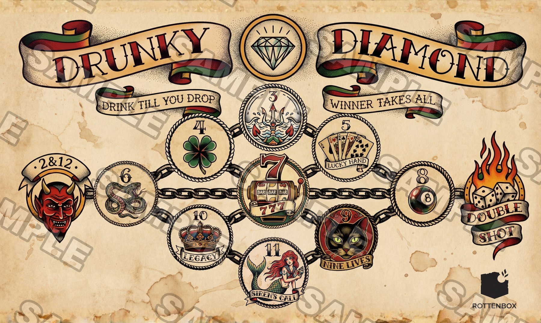 DRUNKY DIAMOND ゲームマット全体。オールドスクールタトゥー調で描かれた11のシンボルが鎖でつながっている